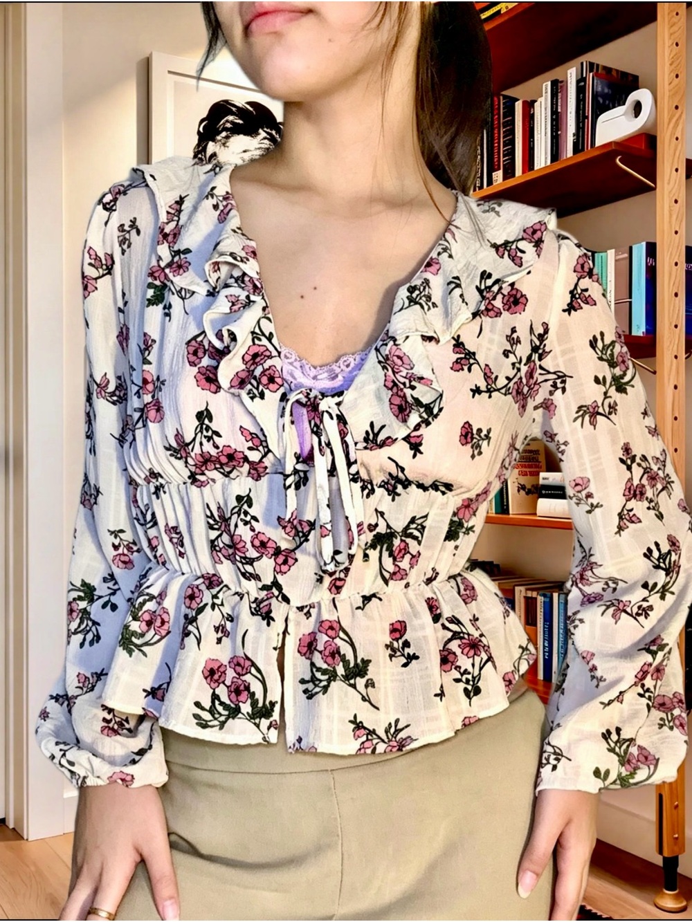 Cream Pink Floral Ruffle Peplum Blouse Long Sleeve XS-M